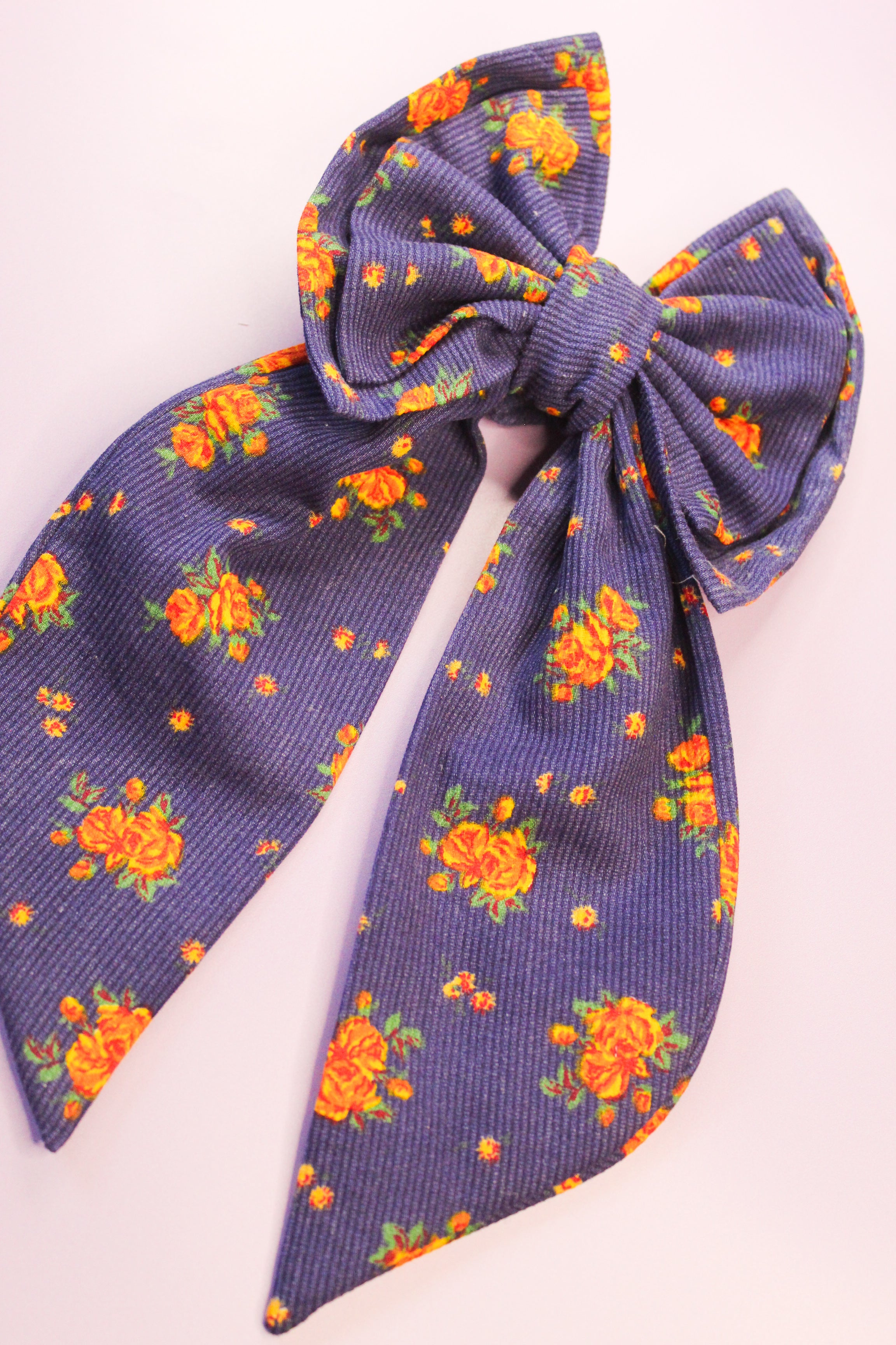 Corduroy Floral Blue Hair Bow