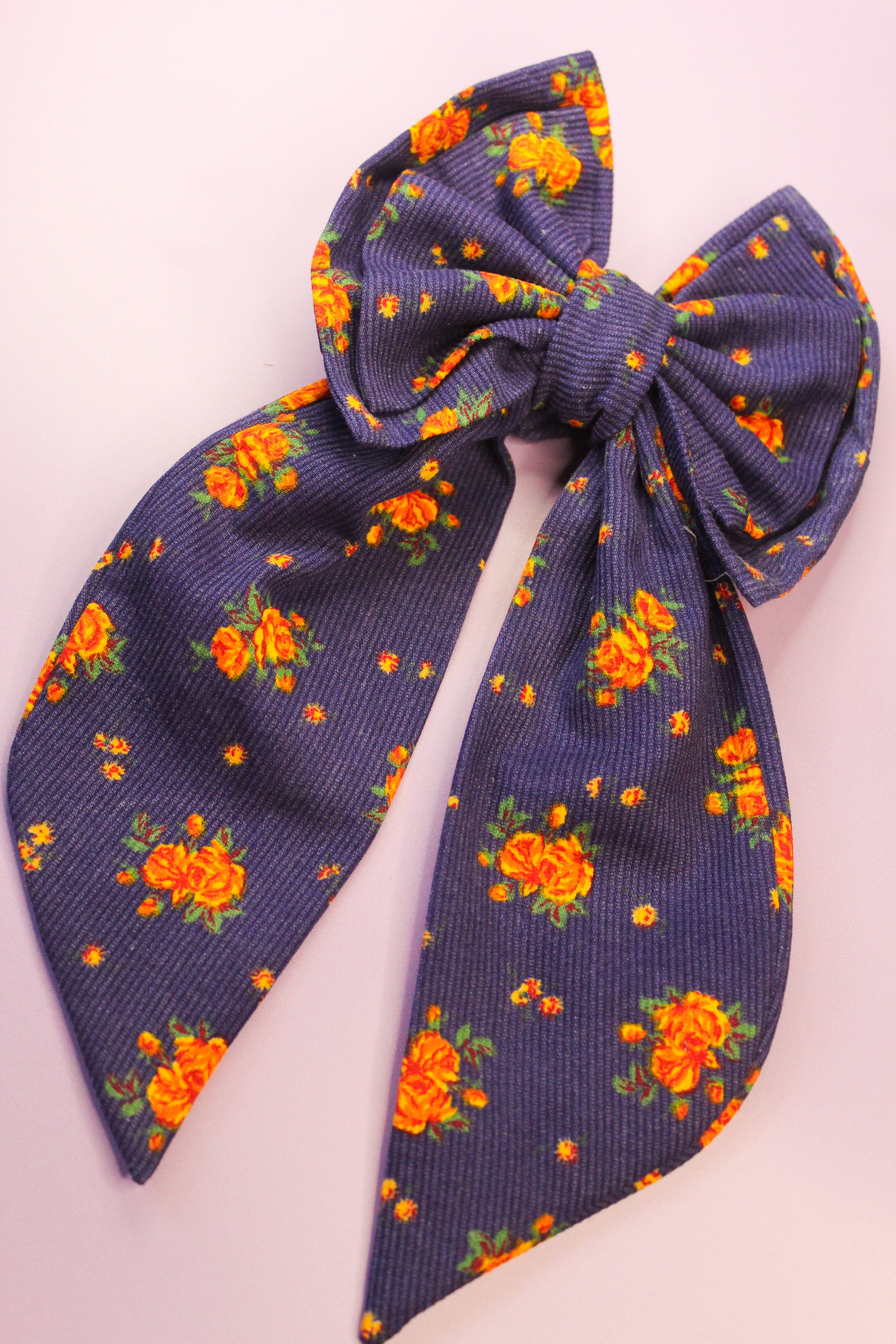 Corduroy Floral Blue Hair Bow