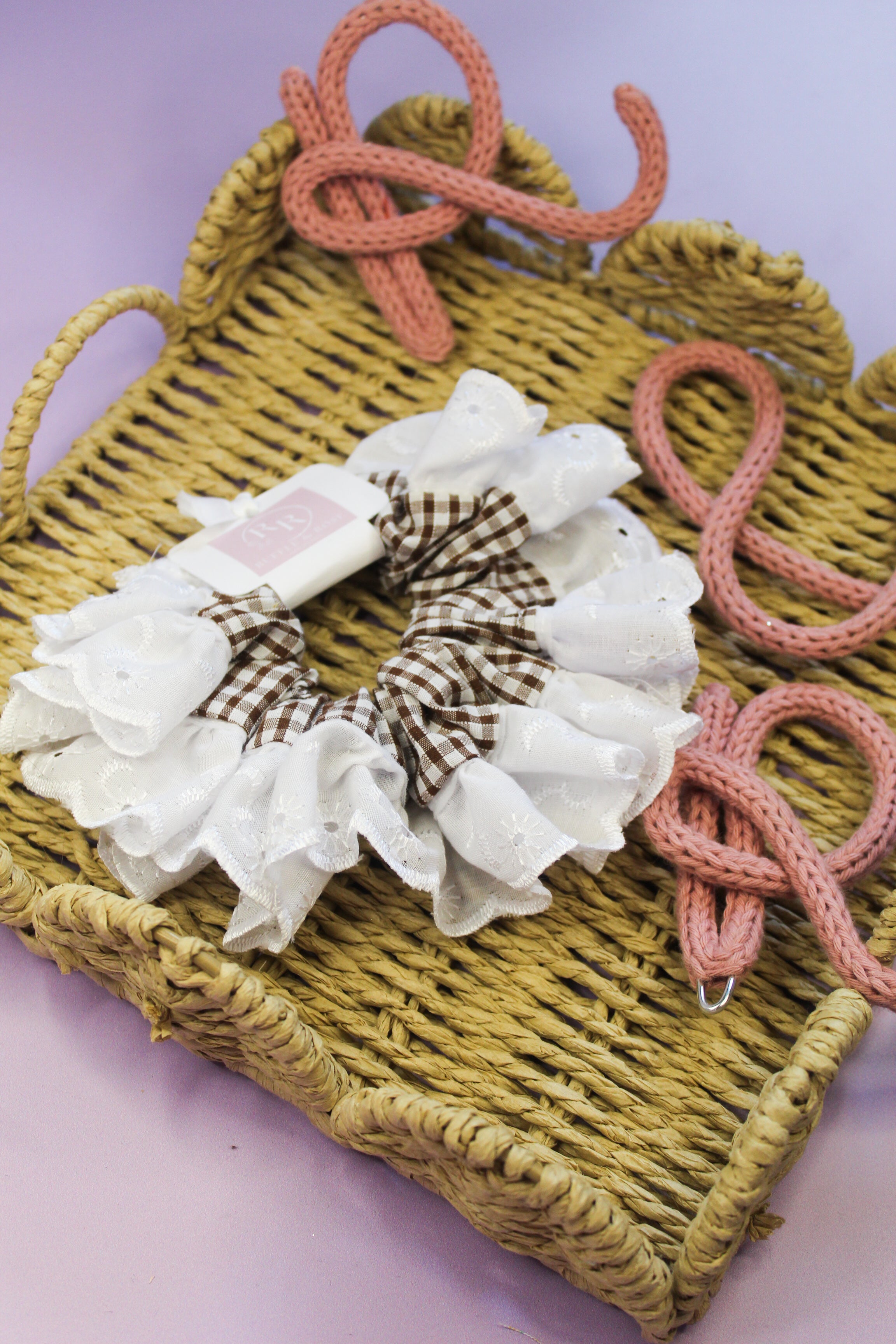 Brown Gingham Frilled Scrunchie