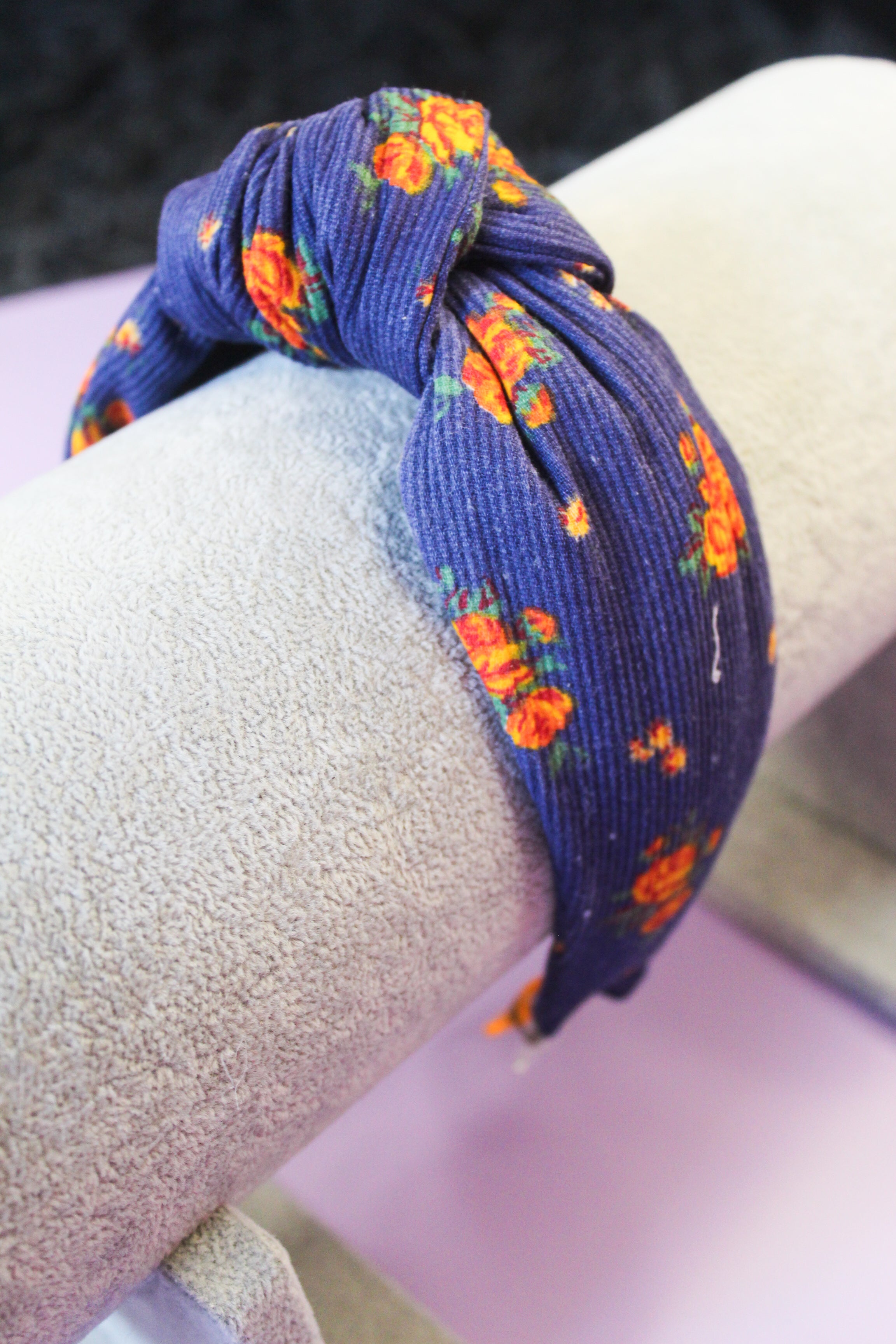 Corduroy Floral Blue Knot Headband