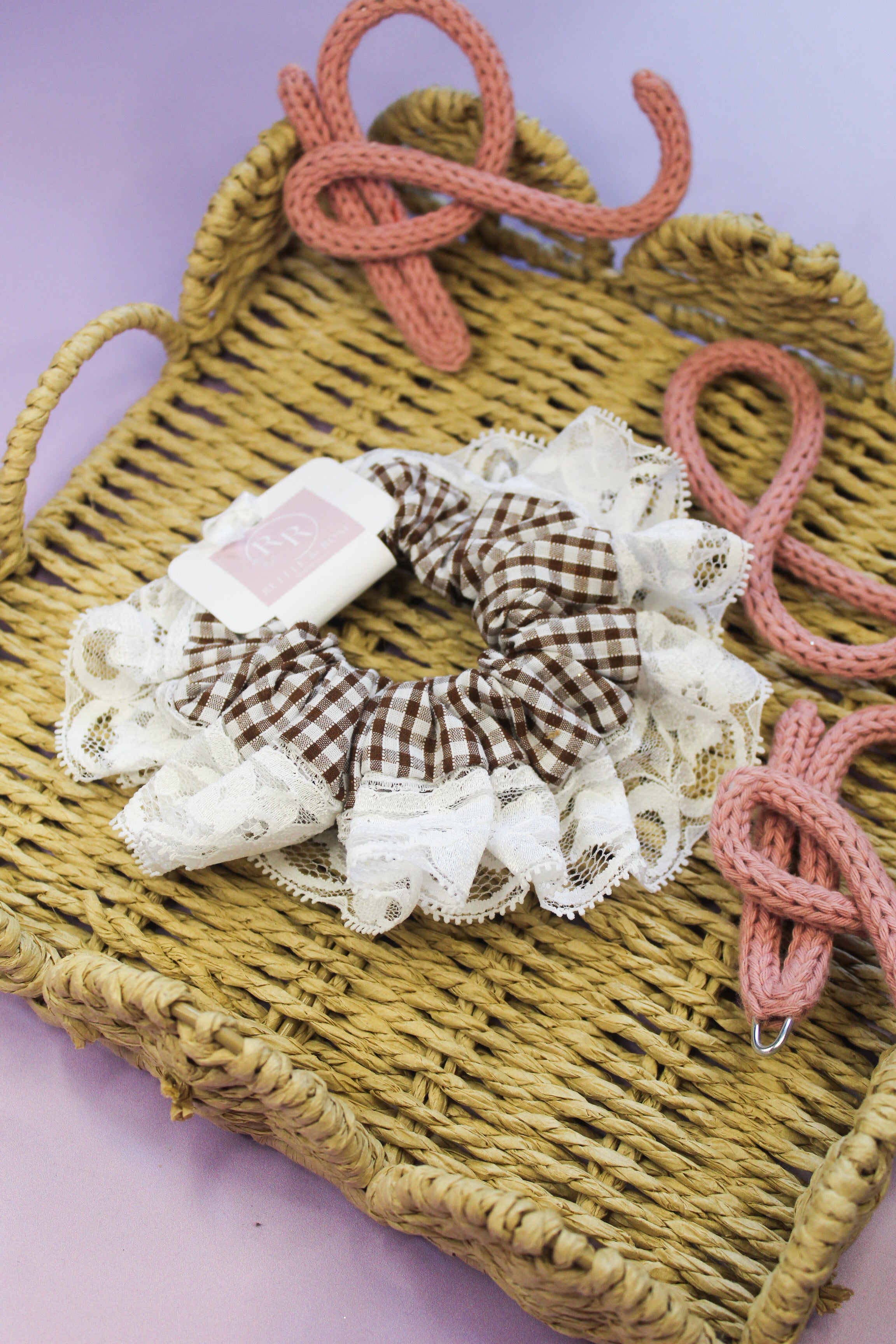 Brown Gingham Frilled Scrunchie